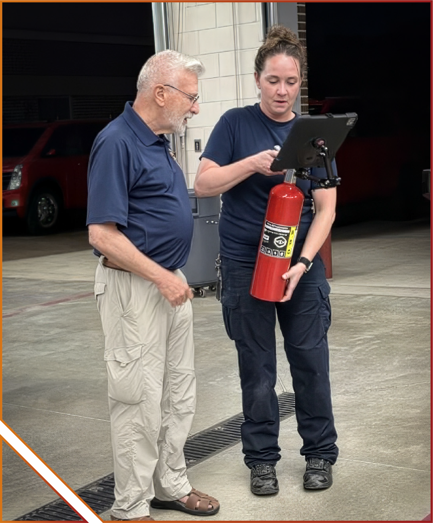 A smiling woman helps an elderly man learn how to use a fire extinguisher